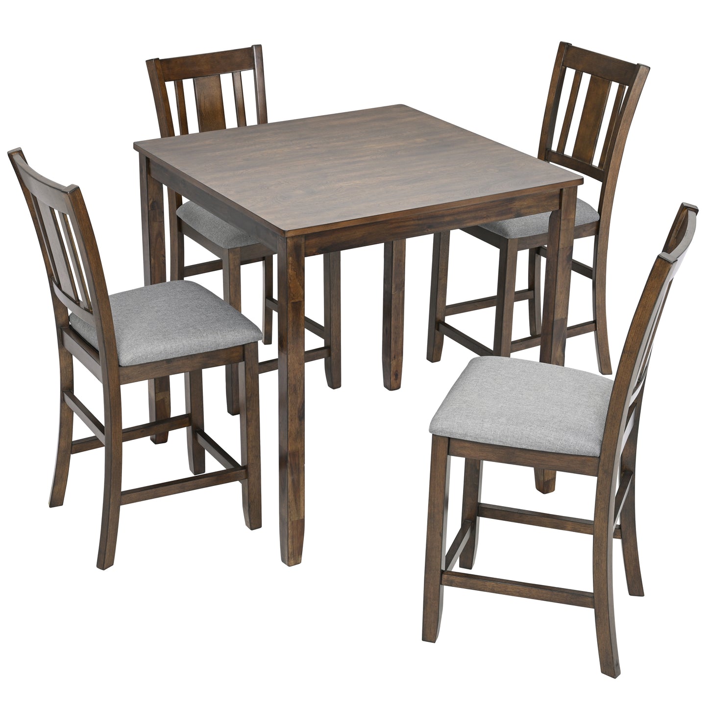 5PCs Dining Table Set, Wooden Dining Square Table Set for 4, Counter Height Kitchen Table Set with Square Table and 4 Upholstered Chairs for Small Space, Walnut