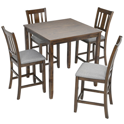 5PCs Dining Table Set, Wooden Dining Square Table Set for 4, Counter Height Kitchen Table Set with Square Table and 4 Upholstered Chairs for Small Space, Walnut