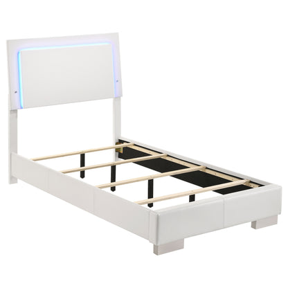 Dulcey White High Gloss 4-Piece Twin Bedroom Set with LED Lighting, White Faux Leather Finish, Wood Construction