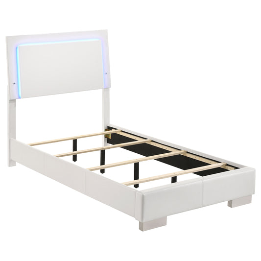Dulcey White High Gloss 4-Piece Twin Bedroom Set with LED Lighting, White Faux Leather Finish, Wood Construction
