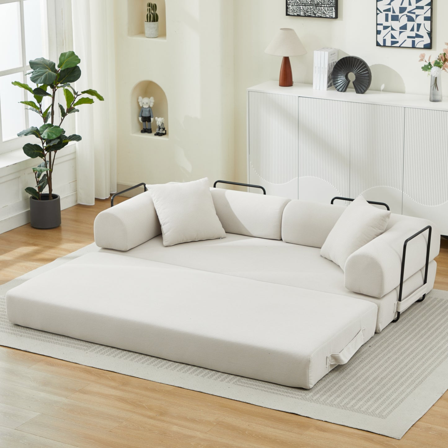 Folding Sofa Bed, Convertible Couch Bed with 2 Pillows, Fold Out Couch, Foam Spring Floor Mattress,
