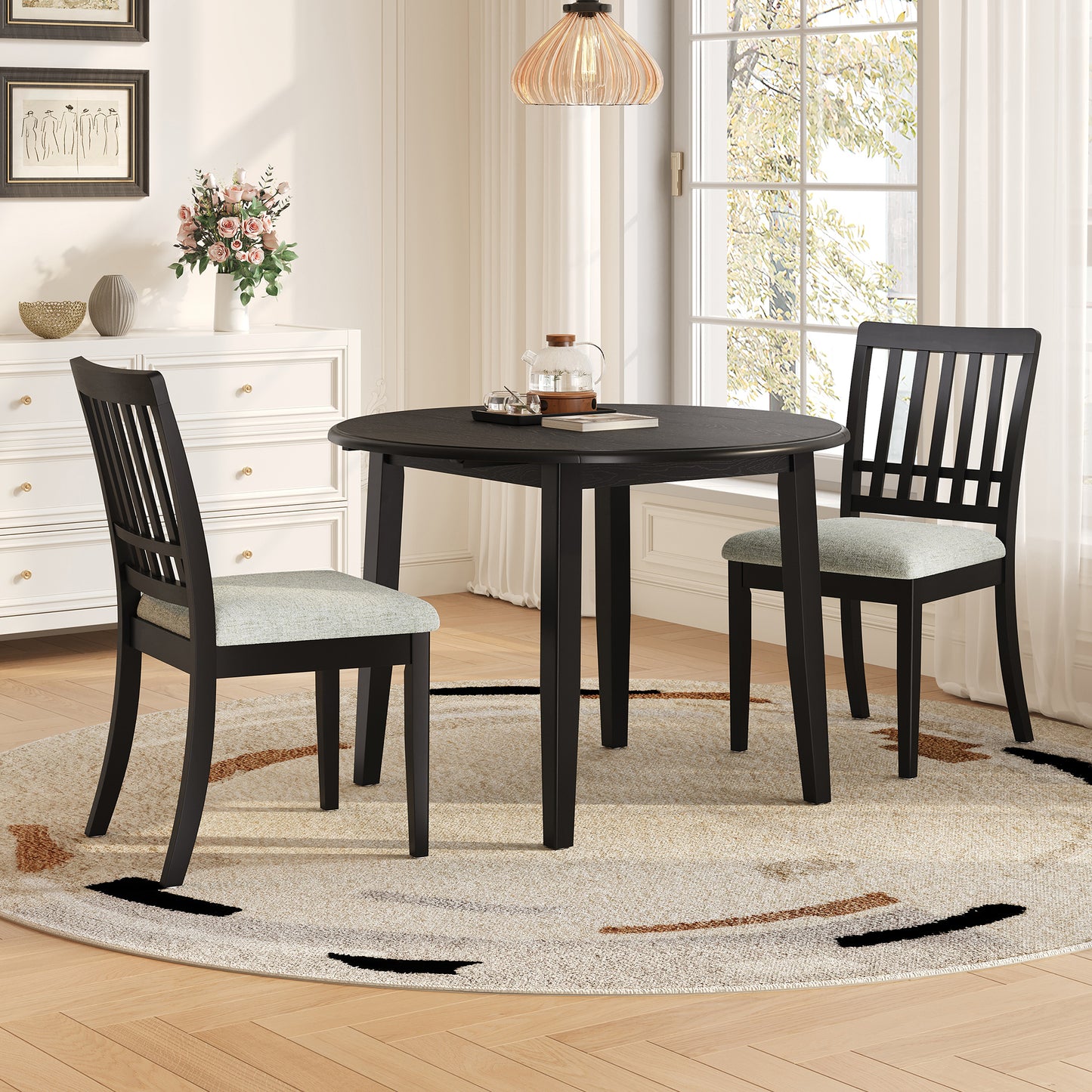 3-Piece Round Dining Table Set for 2 People, 1 Folding Wood Dining Table + 2 Upholstered Chairs, Space-Saving Design for Small Apartments and Dining Areas - BLACK