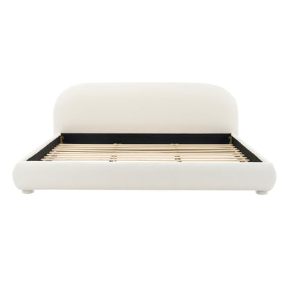 Cream Style Fabric Upholstered Bed, Simple Modern Double Bed for King Size, Warm Cream Tone with Textured Fabric and Curved Headboard