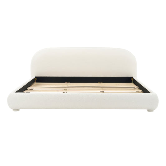 Cream Style Fabric Upholstered Bed, Simple Modern Double Bed for King Size, Warm Cream Tone with Textured Fabric and Curved Headboard