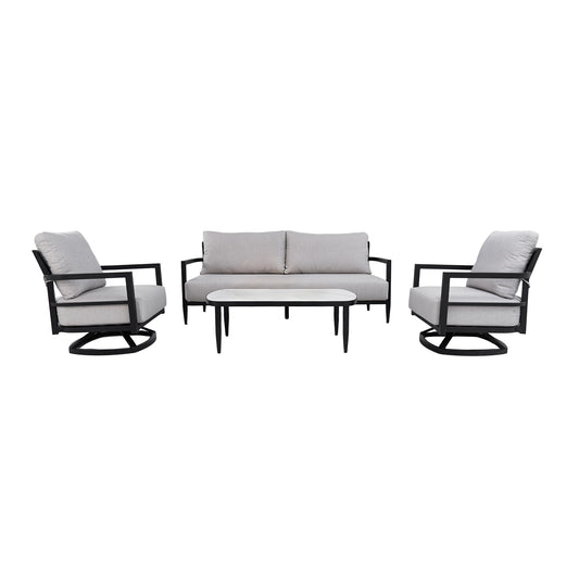 4PC Outdoor Conversation Set with Fully Weld 360° Swivel Club Chairs, Luxurious Bench Seat Sofa, Marble-Inspired Sintered Stone Coffee Table, Ember Black Rust-Free Aluminum Frame & Sunbrella Cushions