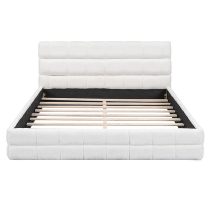 Modern Queen Size Upholstered Platform Bed with Headboard, White Velvet, Wood Frame