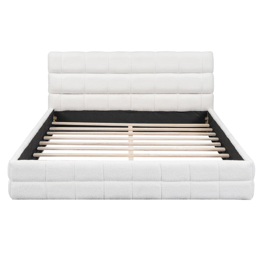 Modern Queen Size Upholstered Platform Bed with Headboard, White Velvet, Wood Frame
