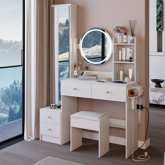 Full Body Mirror Cabinet + Round Mirror LED Vanity Table + Cushioned Stool, With 2 AC + 2 USB Power Station,17' diameter LED Mirror, Touch Control, 3-color, Brightness adjustable, Large Desktop