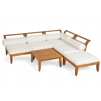 TOPMAX 6 Piece Patio Sofa Set, Acacia Wood Outdoor Modular Sectional Garden Furniture Set L-Shaped Conversation Set, Convertible Daybed with Tea Table, Ottoman, 5 Cushions and Pillows, Teak+Beige
