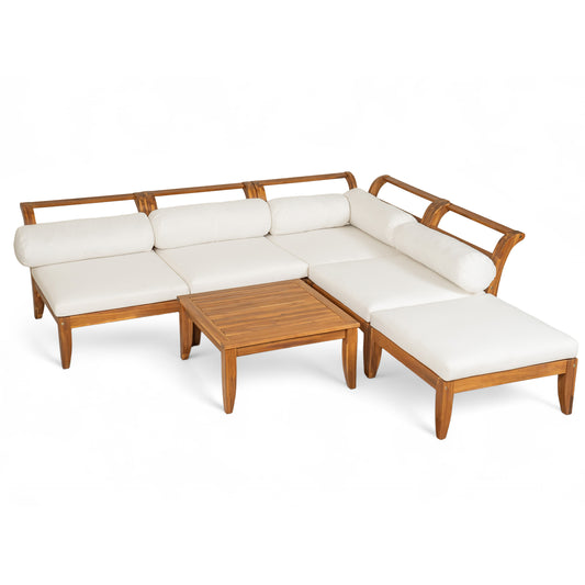 TOPMAX 6 Piece Patio Sofa Set, Acacia Wood Outdoor Modular Sectional Garden Furniture Set L-Shaped Conversation Set, Convertible Daybed with Tea Table, Ottoman, 5 Cushions and Pillows, Teak+Beige