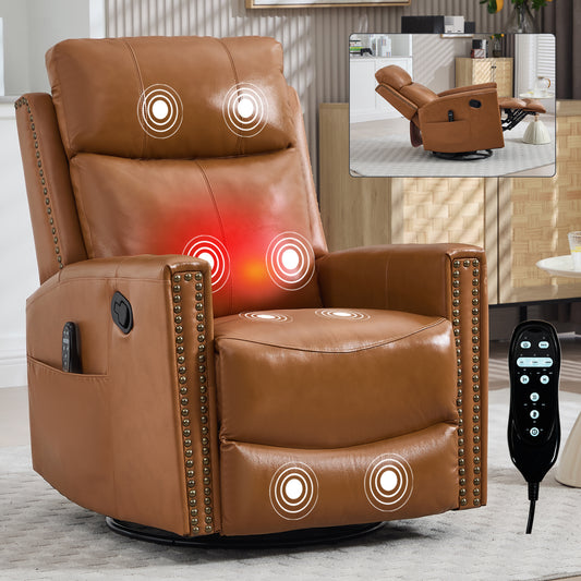 Orange Gnuine Leather Heat Massage Manual Recliner Chair with Rocker and Swivel for Living Room