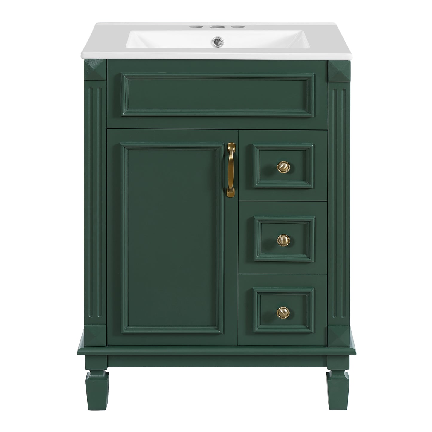 Modern Green Bathroom Vanity with Ceramic Sink, 24' Compact Cabinet with 2 Drawers and Adjustable Shelf, MDF+Solid Wood Frame, Ceramic Basin