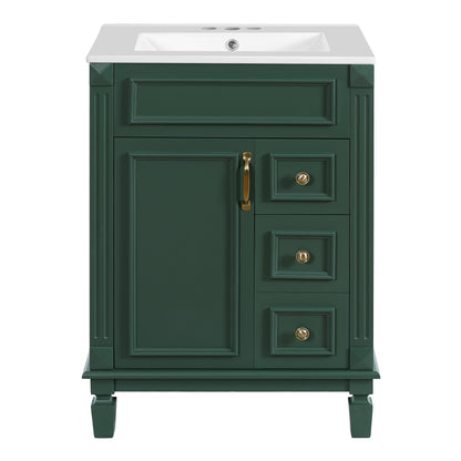 Modern Green Bathroom Vanity with Ceramic Sink, 24' Compact Cabinet with 2 Drawers and Adjustable Shelf, MDF+Solid Wood Frame, Ceramic Basin