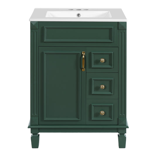Modern Green Bathroom Vanity with Ceramic Sink, 24' Compact Cabinet with 2 Drawers and Adjustable Shelf, MDF+Solid Wood Frame, Ceramic Basin