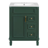 Modern Green Bathroom Vanity with Ceramic Sink, 24' Compact Cabinet with 2 Drawers and Adjustable Shelf, MDF+Solid Wood Frame, Ceramic Basin