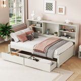 Twin Size Bed Frame With Side Bookshelves, Two Drawers, And Built-in USB Port For Creamy White Color
