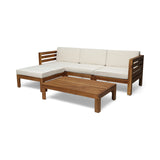 Cambridge L Shape Sofa Set with Ottoman and Table, Beige, Acacia Wood, Water Resistant Cushions