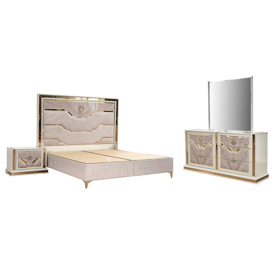 Omari Modern Queen 4-Piece Upholstered Bedroom Set in Beige with Gold Accents, Hydraulic Storage Bed, Dresser, Mirror and Nightstand