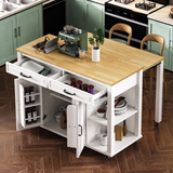 K&K 47 inch Kitchen Island with Extendable Dining Table, Rubber Wood Veneer Kitchen Table with Internal Storage Rack, Power Outlet, Kitchen island with Storage 2 Drawers 2 Cabinet,White