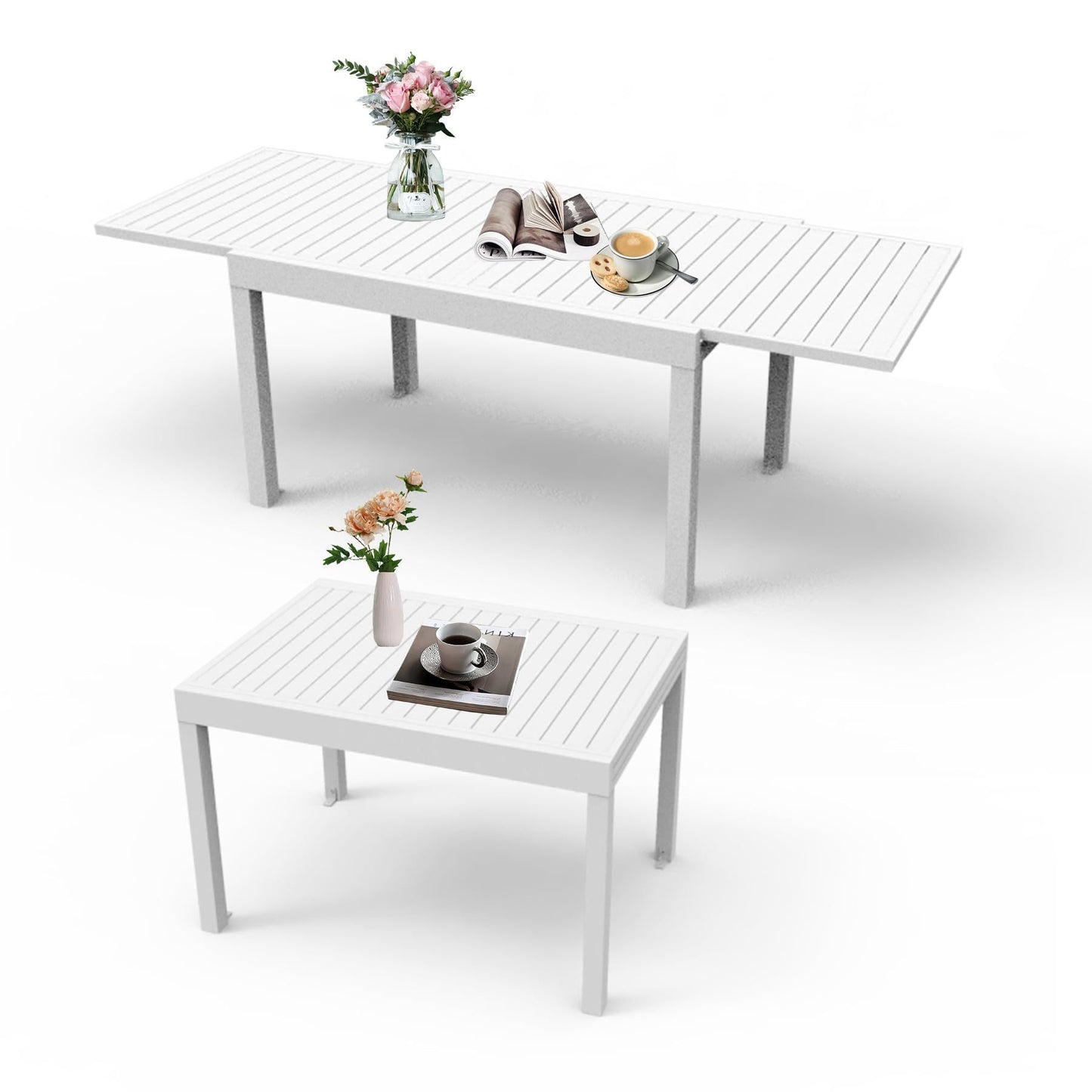 Aluminum Patio Extendable Dining Table 35'- 71', Adjustable Indoor Outdoor Patio Dining Table with E-Coating for 4-6 Person Garden Lawn Porch Bistro Furniture, Elegant Ivory White