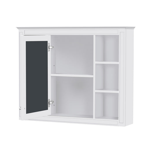 Modern White Wall-Mounted Medicine Cabinet with Mirror, 35'' x 27.5'' Storage Cabinet with 6 Open Shelves and Adjustable Interior, MDF Construction