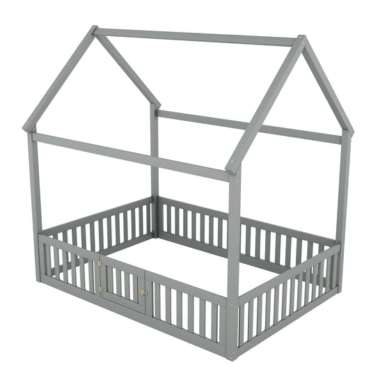 Wood House Full Bed with Fence and Door Grey