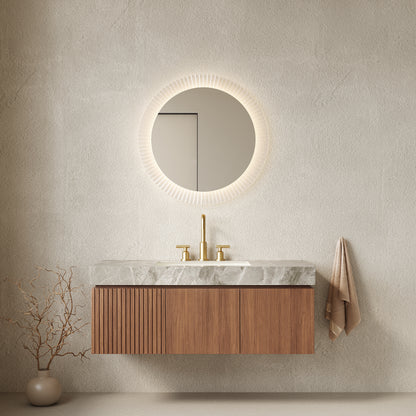 MURI 48' Bathroom Vanity&Sink, Floating Plywood Storage Cabinet with Drawer&Doors, Light Gray Sintered Stone Top&Ceramic Basin with 3 Pre-drilled Faucet Holes, Pre-assembled, Brown Oak Woodgrain Color