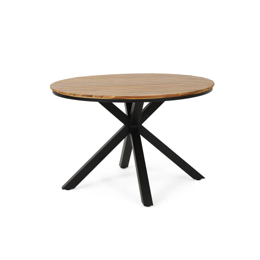 Outdoor Dining Table, Teak Acacia Wood Tabletop and Black Metal Leg