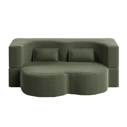 Modern Floor Sofa with 2 Pillows,Convertible Plush Corduroy Foam-Filled Sleeper Sofa Bed,15' Full Size Folding Mattress for Living Room,Guest Bed,no assembly required,Green
