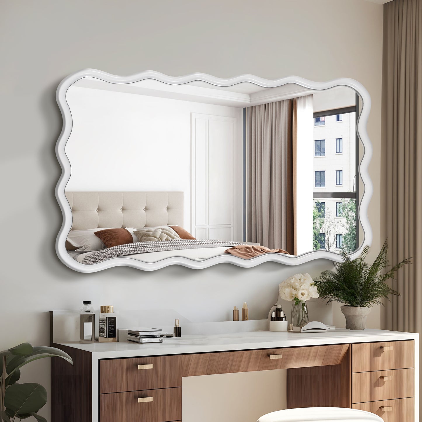 Solid Wood Wavy Rectangle  Mirror-Natural-Wood   40' x 28' Modern Mirror Wall Decor for Bathroom, Bedroom, Living Room, Dining Room, Cloakroom, Entryway