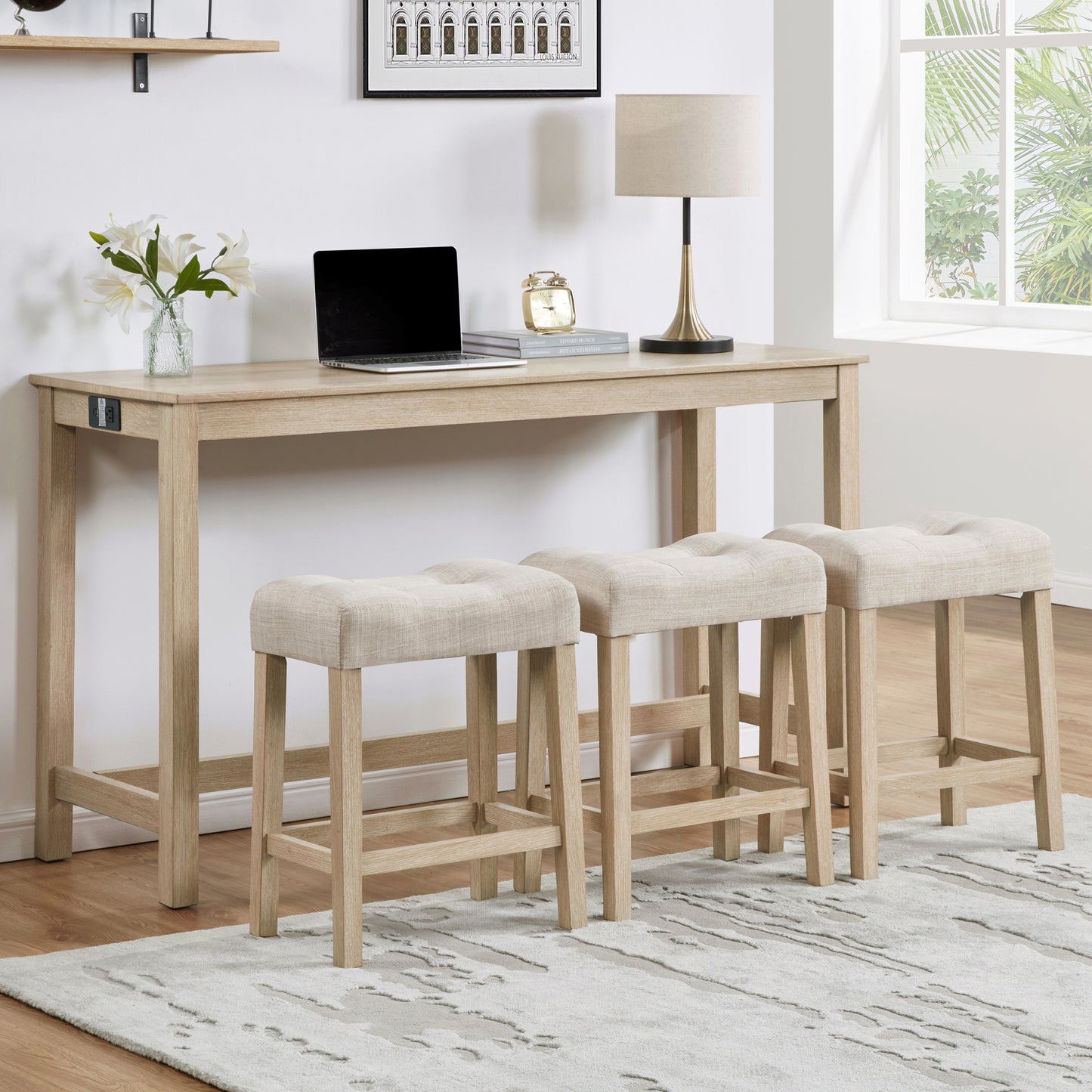 4 Piece Bar Table Set with Power Outlet,Bar Table Set with Chairs,Sofa Bar Table with Stools,Behind Couch Table with 3 Padded Stools for Living Room,Dining room, Light Oak