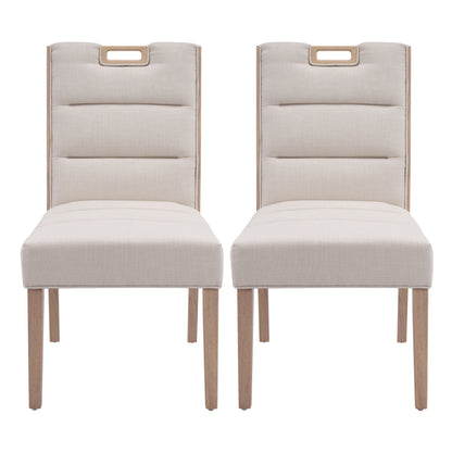 Upholstered Armless Dining Chairs, Beige Fabric & Natural Rubber Wood Frame, Set of 2