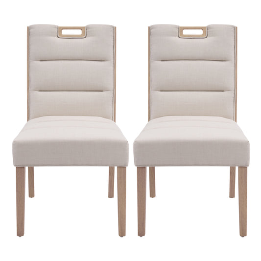 Upholstered Armless Dining Chairs, Beige Fabric & Natural Rubber Wood Frame, Set of 2