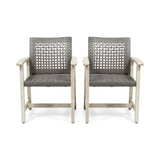 Outdoor Dining Chair Set of 2, Light Grey Wash Acacia Wood Frame and Mix Black PE Rattan Wicker