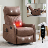Brown Heat Massage Manual Recliner Chair with Rocker and Swivel in Faux Leather for Living Room