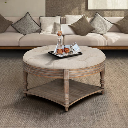Large Round Waterproof Ottoman Coffee Table 2 Tier Oversized Button Tufted Ottoman with Wooden Shelf Storage Farmhouse Upholstered Coffee Table Living Room Footstool Ottoman Linen