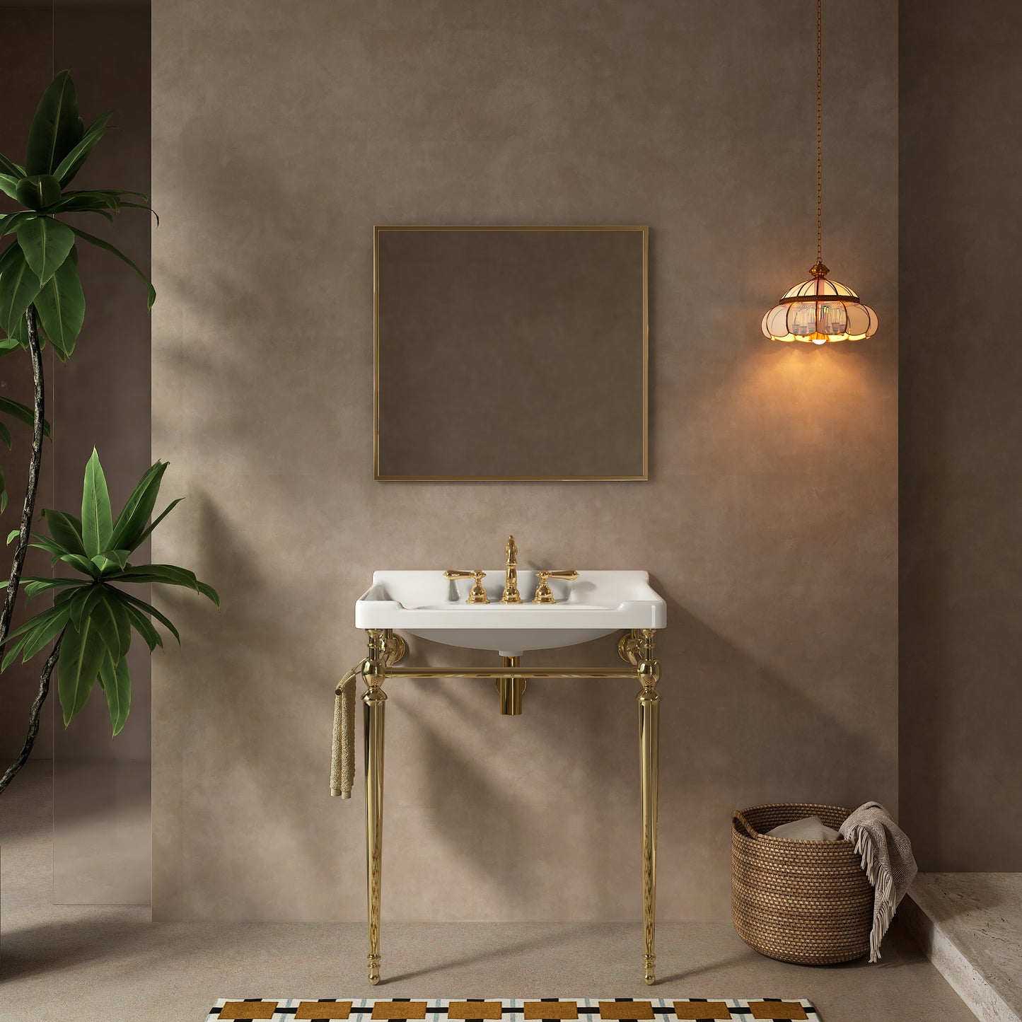 VICI 28' Bathroom Console Sink, Wall-Mounted White Ceramic Vanity Basin with 3 Pre-drilled Faucet Holes, Freestanding Stainless Steel Support Legs with Towel Bar, No Faucet & Sink Cover, Gold Color