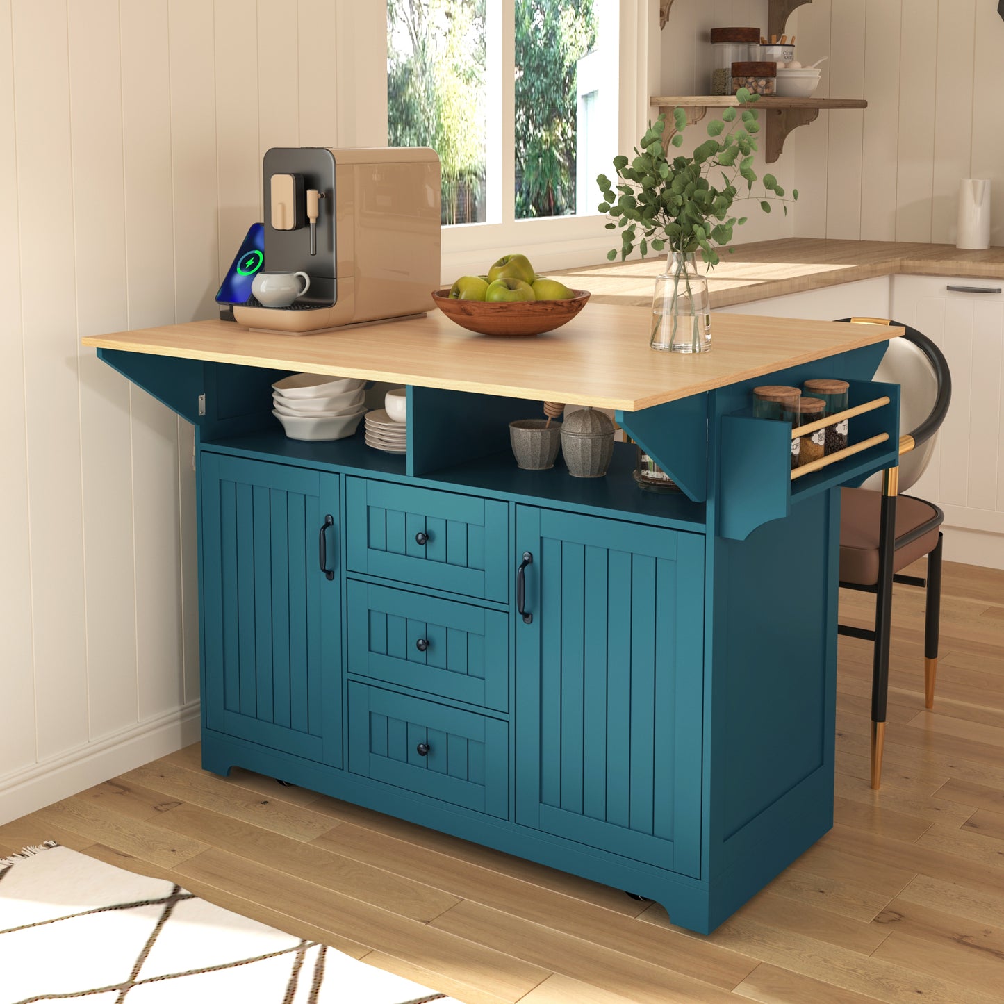 K&K 55.7'' Large Kitchen Island with 2 Drop Leaf,, Rolling Kitchen Cart on 5 Wheels with Power Outlet, Folding Storage Dining Table with Spice & Towel Rack , 3 Drawers, for Kitchen, Dining Room,Green