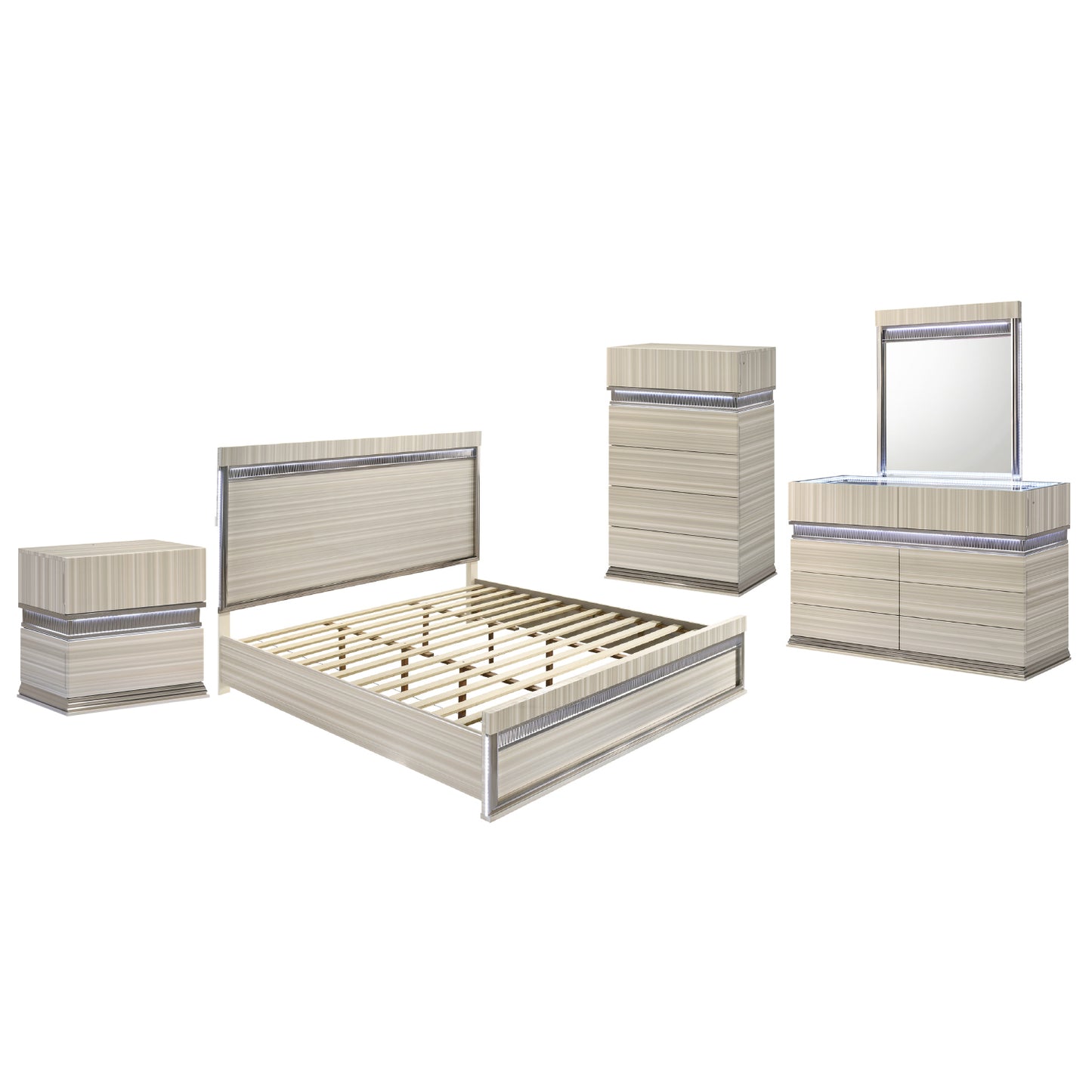 Leonor Modern Queen 5-Piece Bedroom Set in Gray Finish with LED Headboard, Dresser, Mirror, Nightstand and Chest, Contemporary Bedroom Furniture Set with Clean Linear Detailing