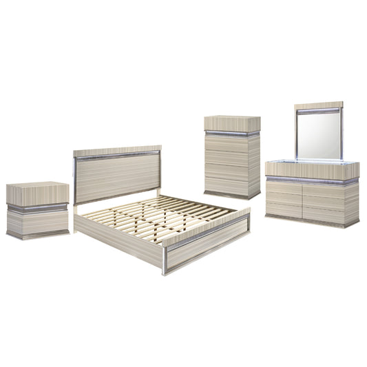 Leonor Modern Queen 5-Piece Bedroom Set in Gray Finish with LED Headboard, Dresser, Mirror, Nightstand and Chest, Contemporary Bedroom Furniture Set with Clean Linear Detailing