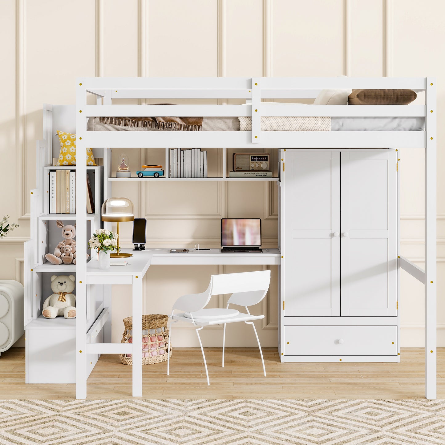 Full Size Loft Wood Bed with Desk, Book shelves and Wardrobe with Doors and Drawer, Built-in Staircase with Storage Shelves, Loft Bed with Safety Guardrails and Solid Slats,White