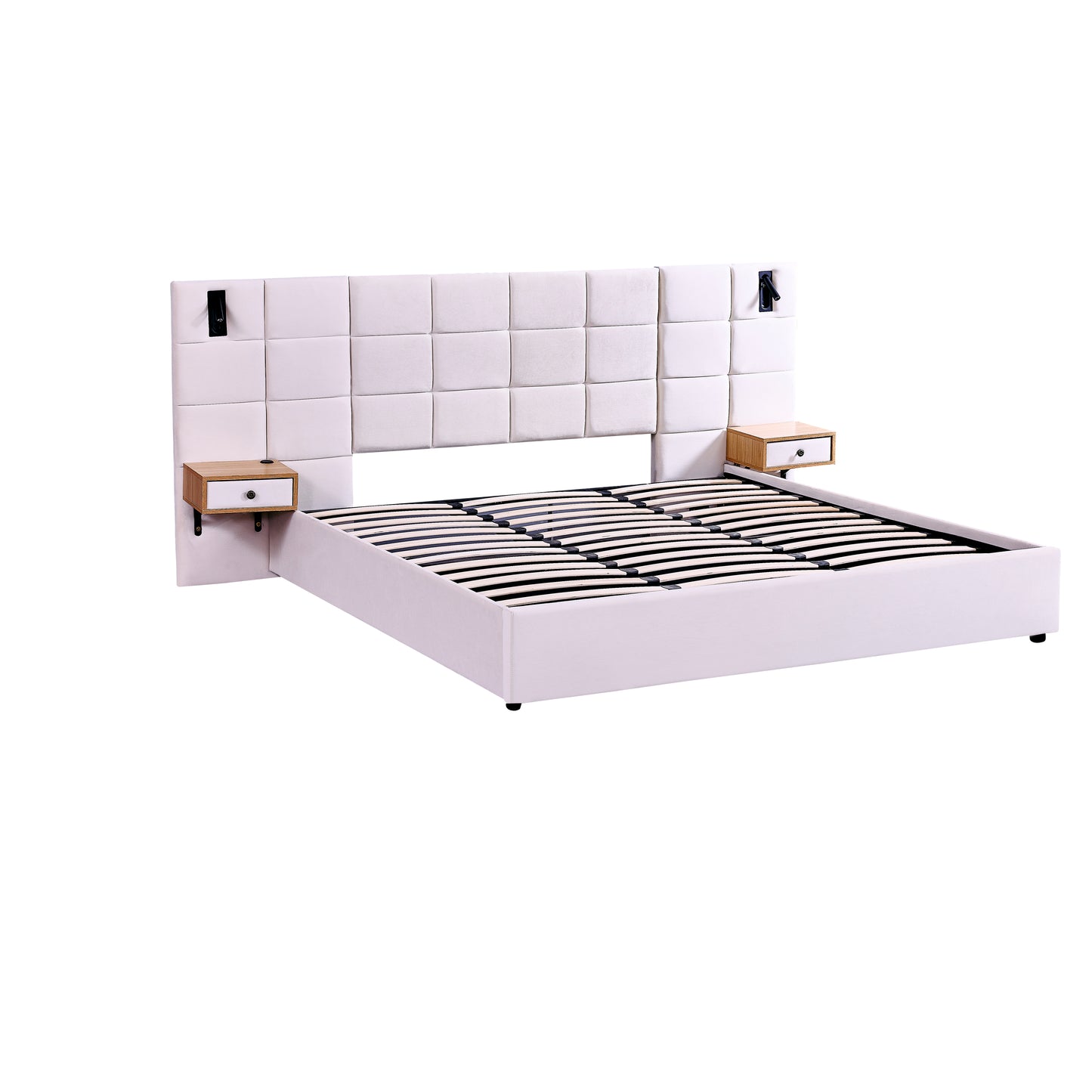 Modern Beige Velvet Upholstered King Size Hydraulic Platform Bed with Storage, Shelves, Reading Lamps and USB Port