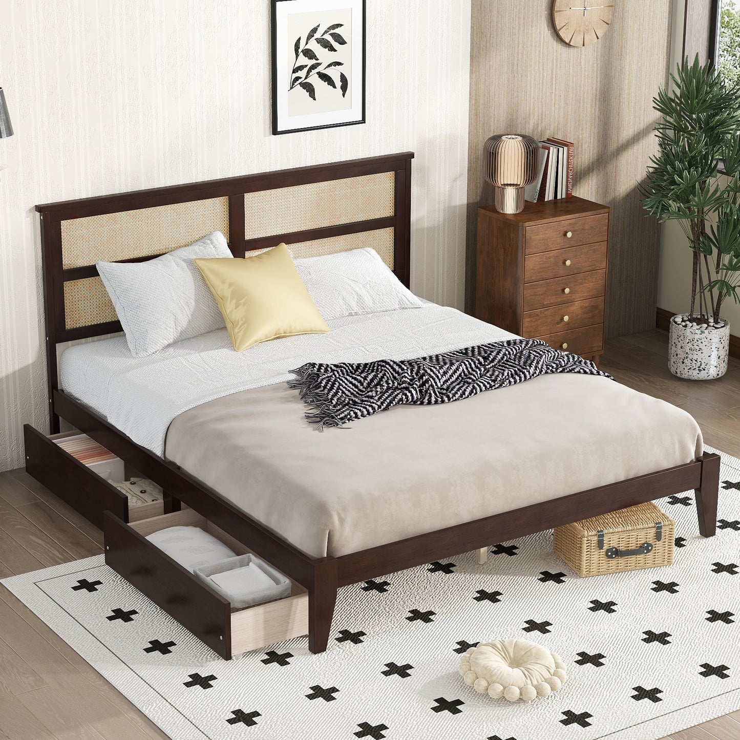 King Size Bed with Rattan Headboard, Two Storage Drawers, Rubber Wood Bed with Enhanced  Support Slats and Feet,Espresso
