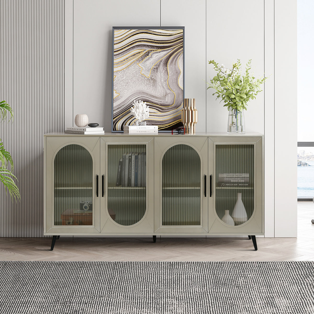 TV Stand for 65+ Inch TV, Wood TV Stand with Storage Cabinet & Adjustable Shelves, Media TV Console for Living Room Bedroom(Champagne)