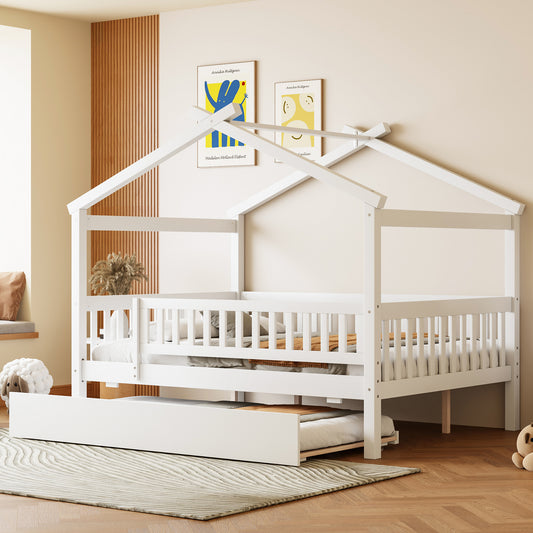 Full Size Wooden House Bed with Twin Size Trundle, White(OLD SKU: LP000306AAK)