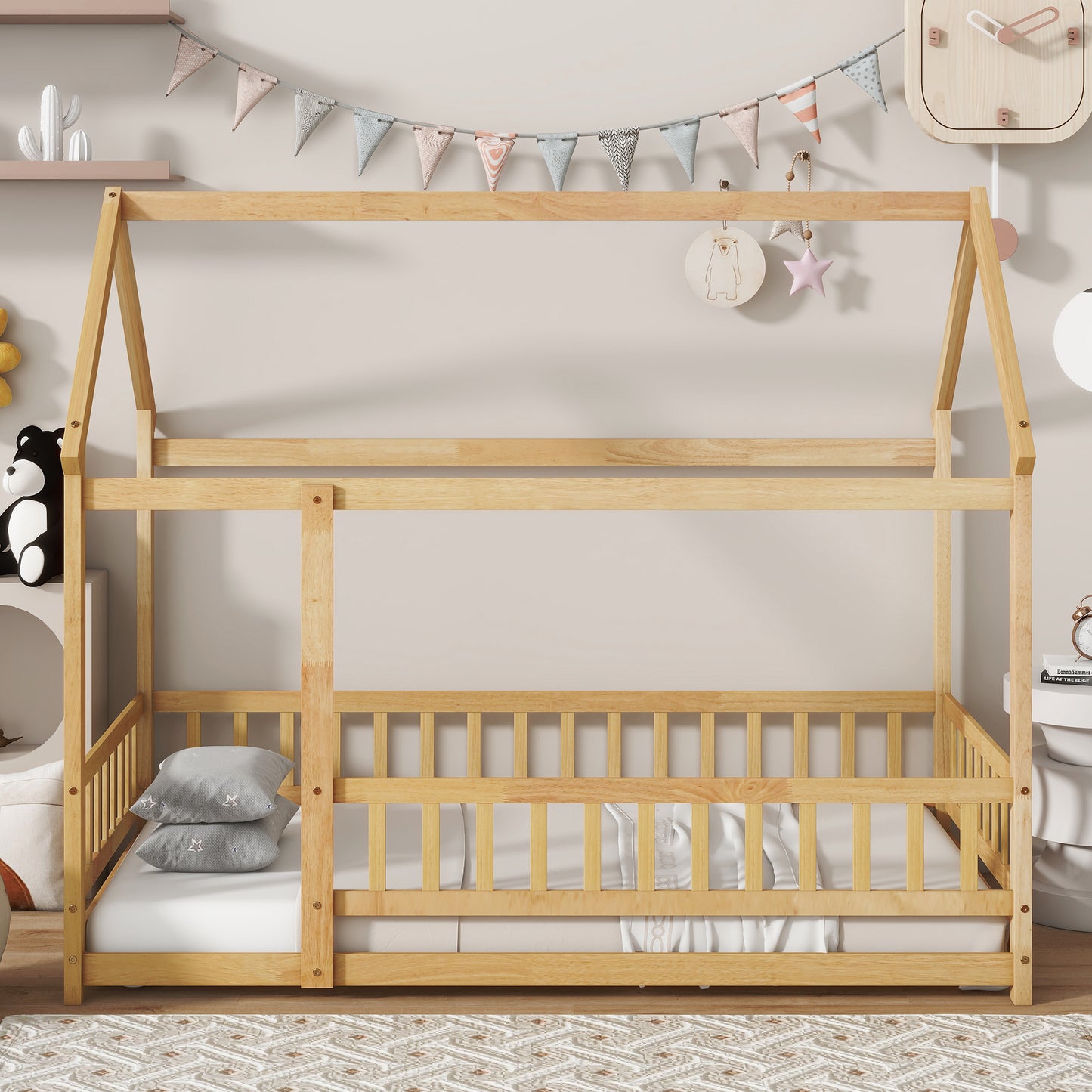Twin Size House Floor Wooden Bed with Roof Frame,Safety Guardrails,Natural