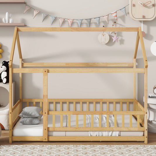Twin Size House Floor Wooden Bed with Roof Frame,Safety Guardrails,Natural