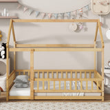 Twin Size House Floor Wooden Bed with Roof Frame,Safety Guardrails,Natural