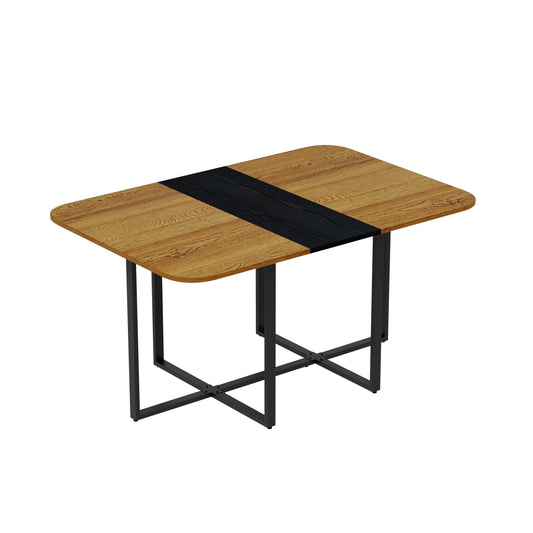 Modern Dual-Texture Table – MDF with Marble & Wood-Pattern Lacquer-Free Paper, Sturdy Black Metal Frame, 4-6 Seater Multi-Use Table for Kitchen/Dining Nook/Home Office