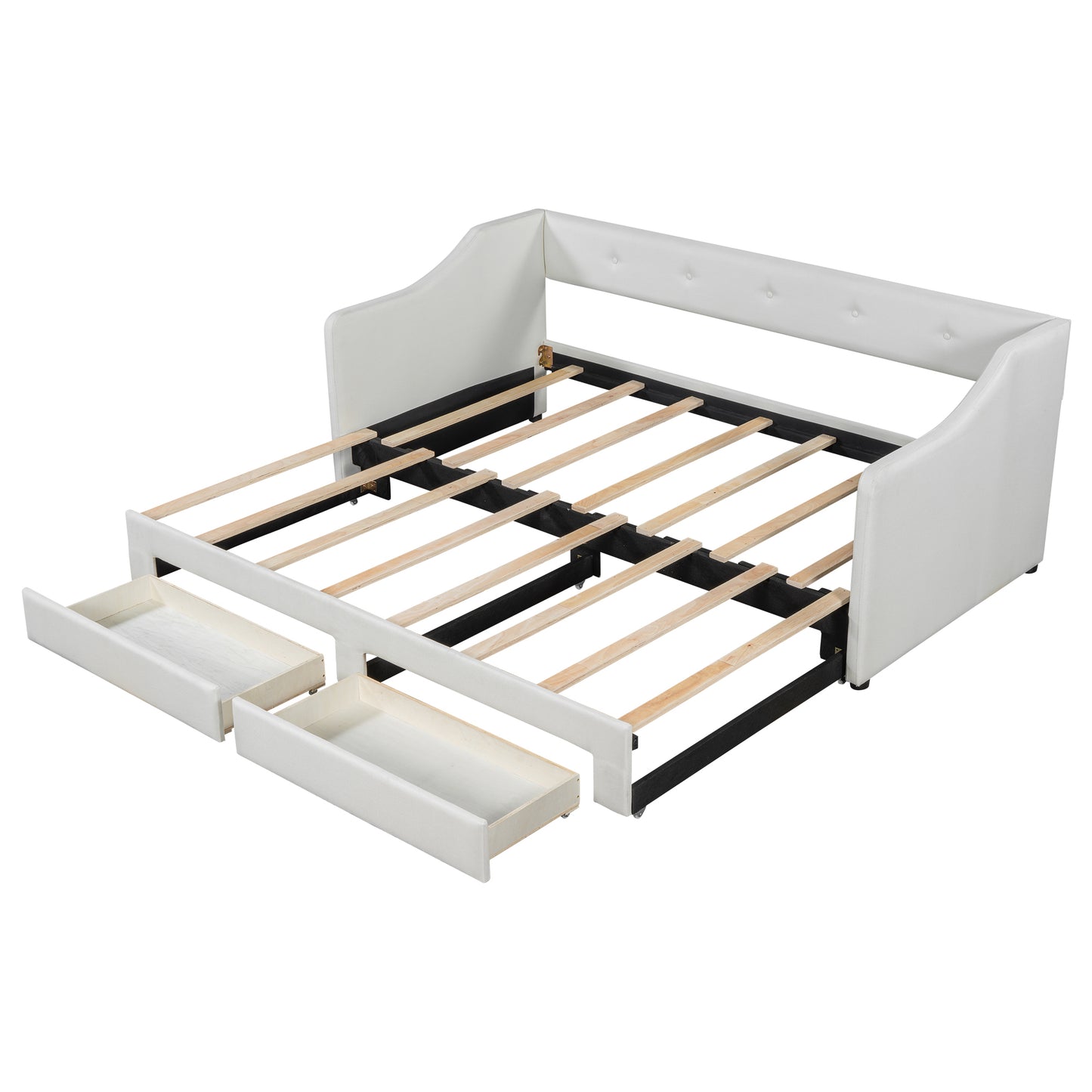 Twin XL to King Size Upholstered Daybed with Two Drawers Beige Plywood MDF Linen